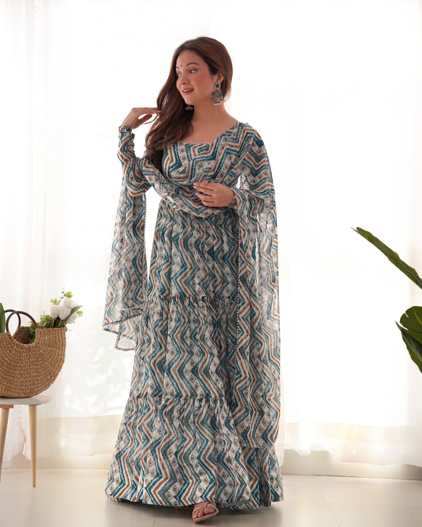 Pure Soft Fox Georgette Zigzag Print Fully Flared Anarkali with Dupatta and Pant Set - Jaipuri Vastra