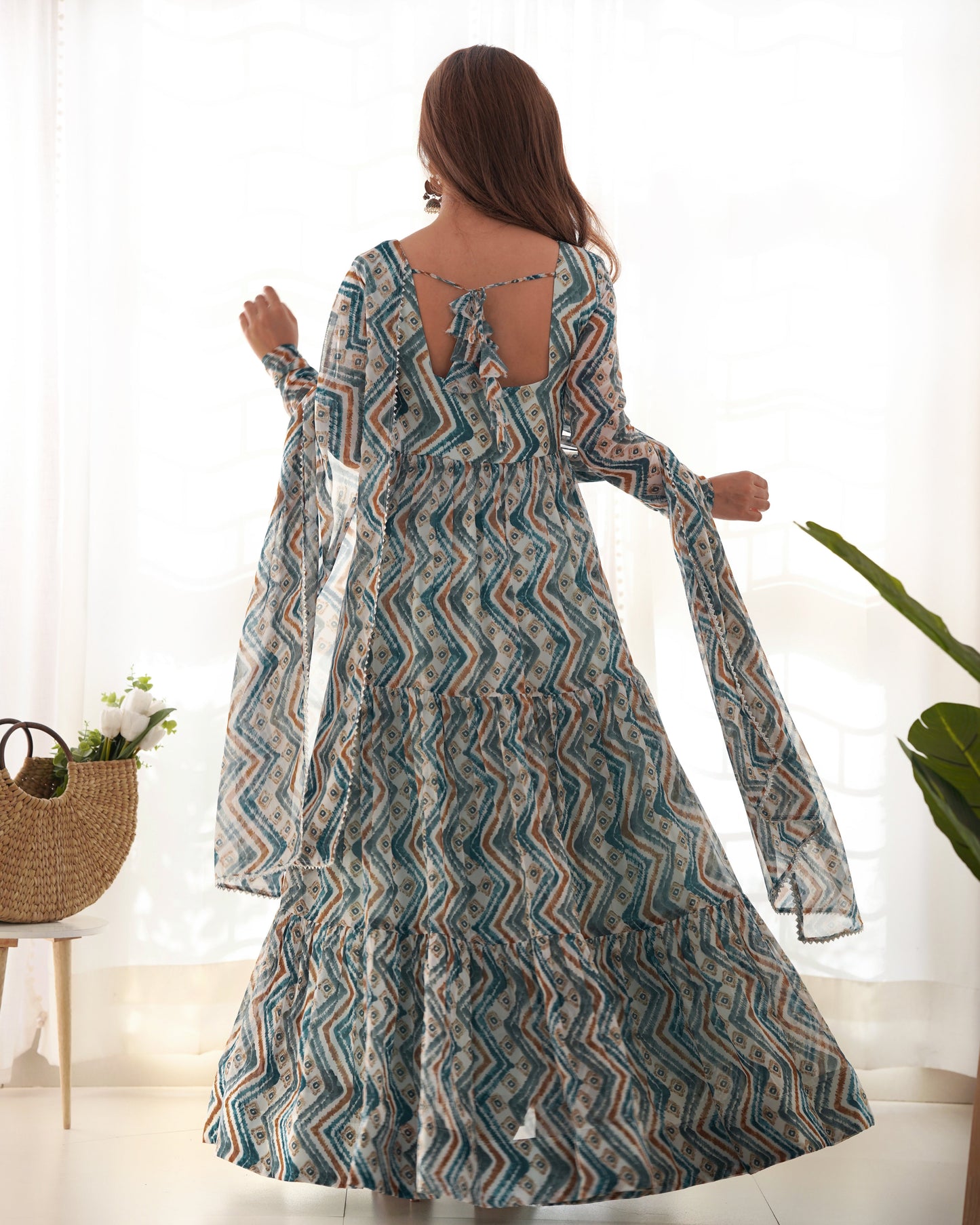 Pure Soft Fox Georgette Zigzag Print Fully Flared Anarkali with Dupatta and Pant Set - Jaipuri Vastra