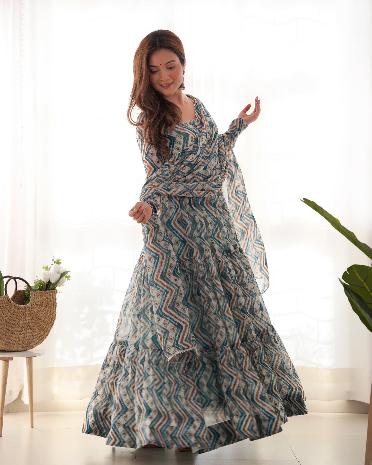 Pure Soft Fox Georgette Zigzag Print Fully Flared Anarkali with Dupatta and Pant Set - Jaipuri Vastra
