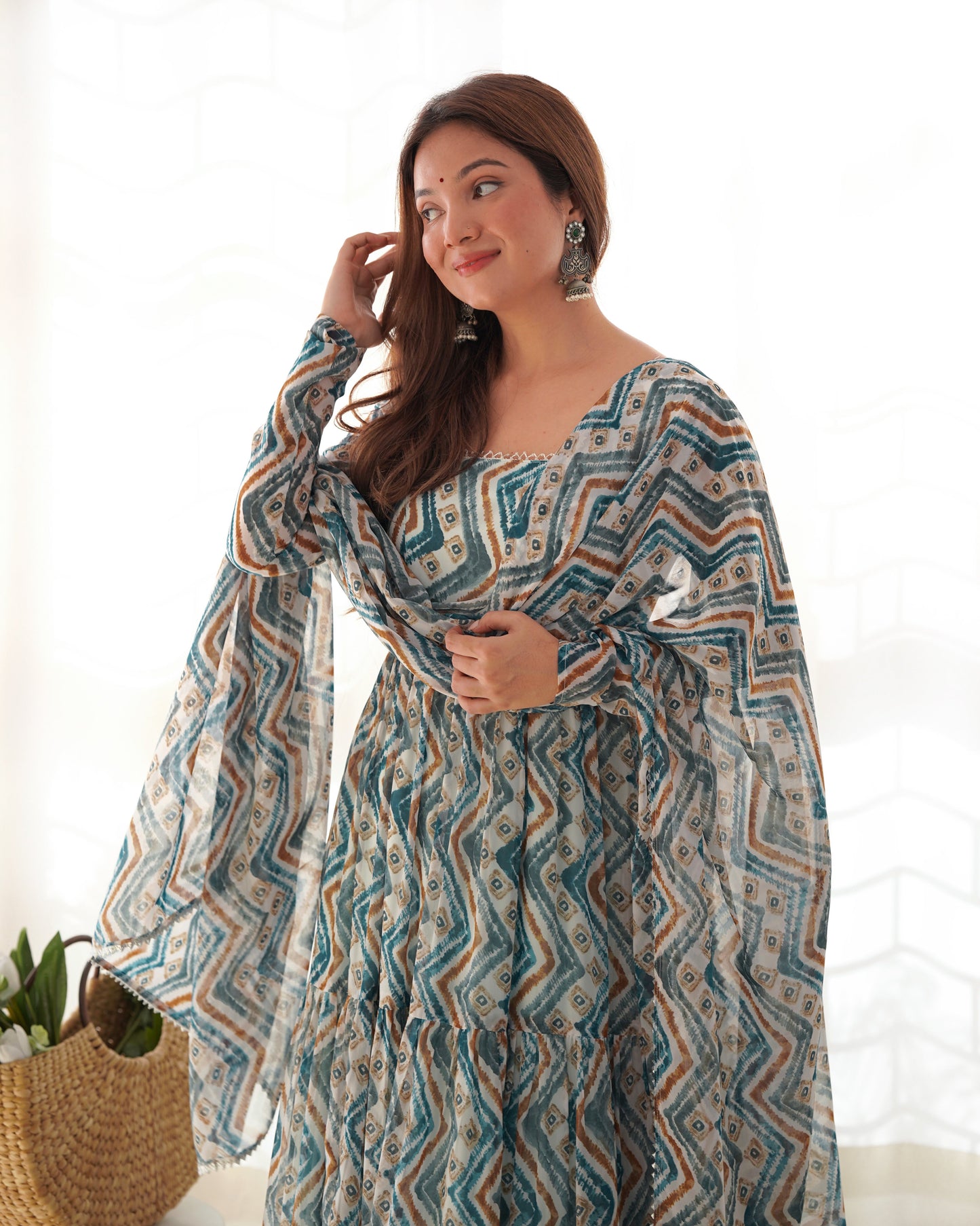Pure Soft Fox Georgette Zigzag Print Fully Flared Anarkali with Dupatta and Pant Set - Jaipuri Vastra