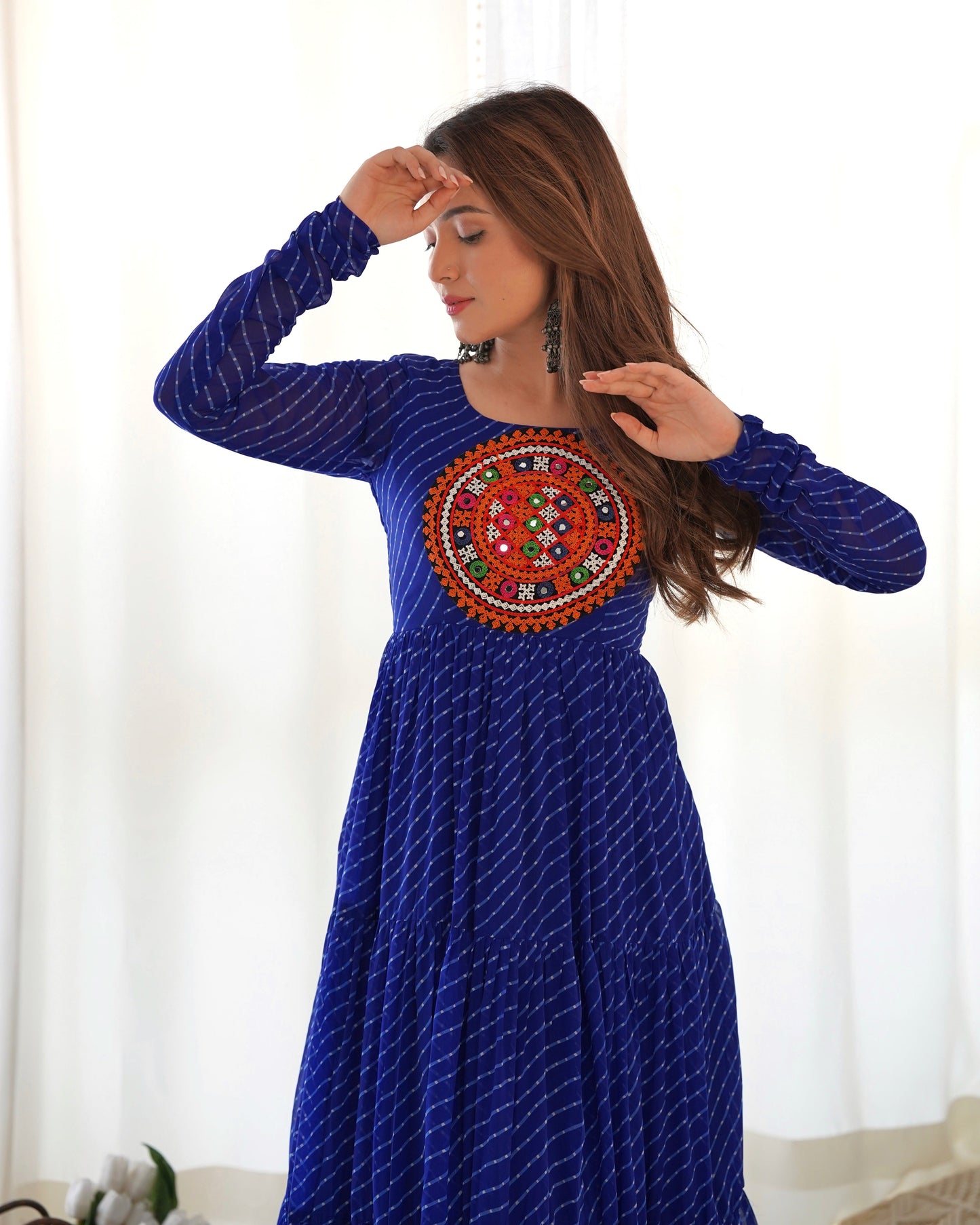 Pure Soft Fox Georgette Laheriya Print Fully Flared Anarkali Gown Ready to Wear - Jaipuri Vastra