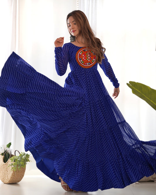 Pure Soft Fox Georgette Laheriya Print Fully Flared Anarkali Gown Ready to Wear - Jaipuri Vastra