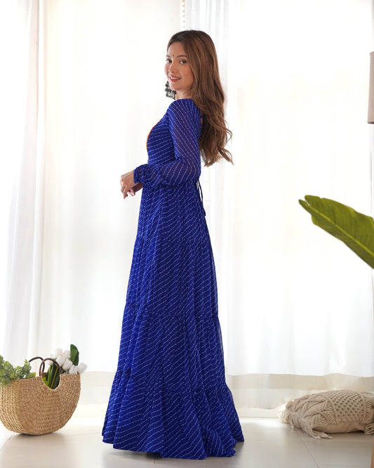 Pure Soft Fox Georgette Laheriya Print Fully Flared Anarkali Gown Ready to Wear - Jaipuri Vastra