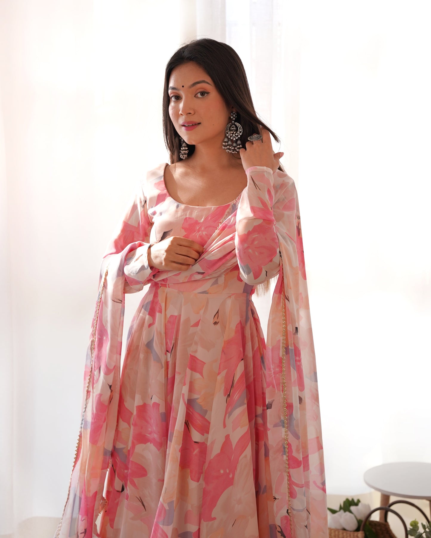 Stylish Fox Georgette Floral Anarkali with Churidar Sleeves and Dupatta - Jaipuri Vastra