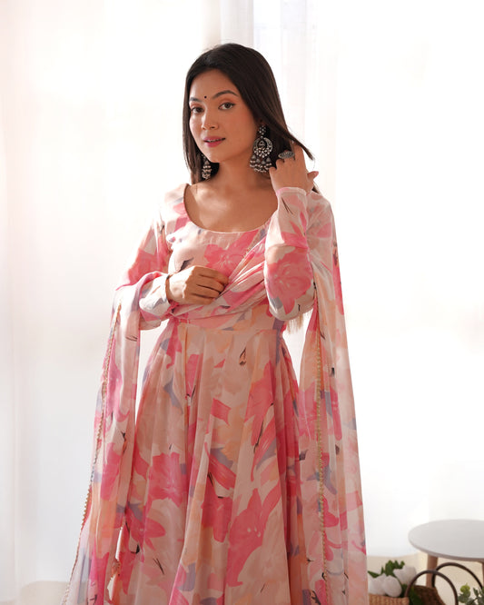 Stylish Fox Georgette Floral Anarkali with Churidar Sleeves and Dupatta - Jaipuri Vastra