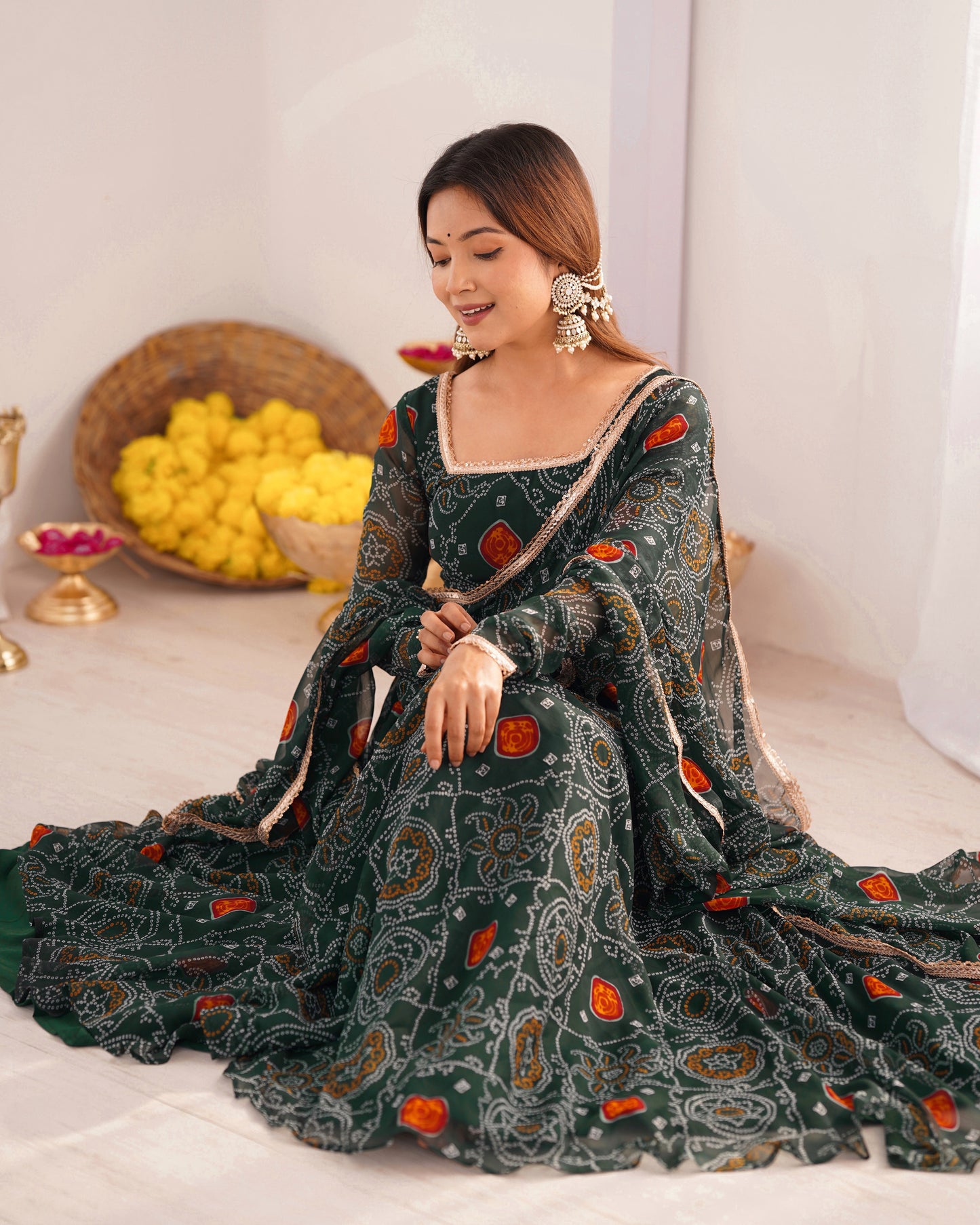 New Designer Pure Soft Lightweight Chiffon Bandhej Gown with Dupatta and Pant Set - Jaipuri Vastra
