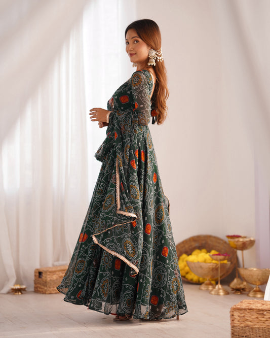 New Designer Pure Soft Lightweight Chiffon Bandhej Gown with Dupatta and Pant Set - Jaipuri Vastra