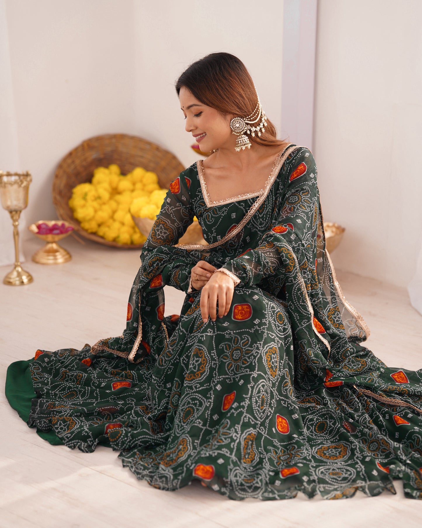 New Designer Pure Soft Lightweight Chiffon Bandhej Gown with Dupatta and Pant Set - Jaipuri Vastra