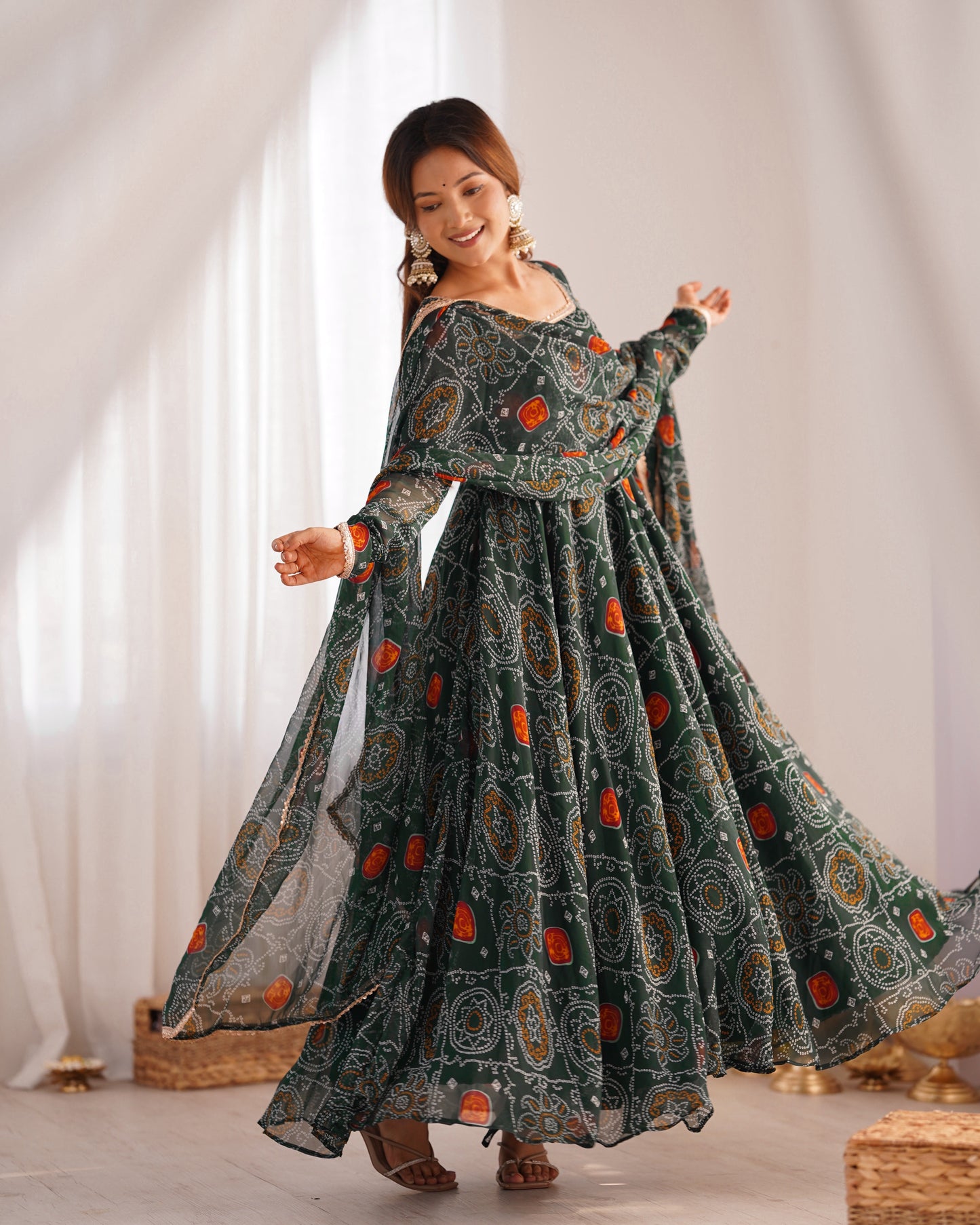 New Designer Pure Soft Lightweight Chiffon Bandhej Gown with Dupatta and Pant Set - Jaipuri Vastra