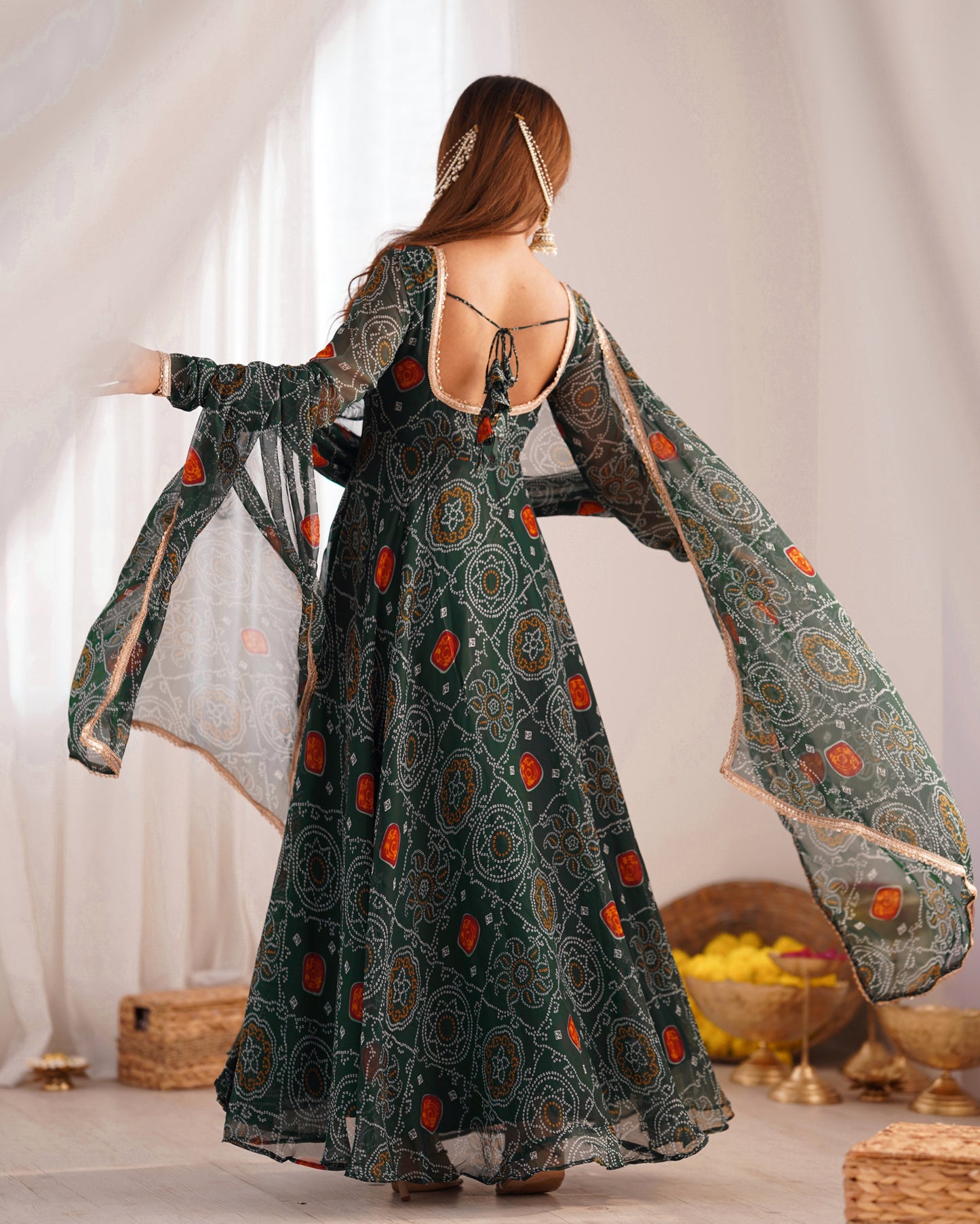 New Designer Pure Soft Lightweight Chiffon Bandhej Gown with Dupatta and Pant Set - Jaipuri Vastra
