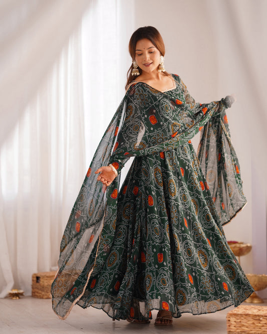 New Designer Pure Soft Lightweight Chiffon Bandhej Gown with Dupatta and Pant Set - Jaipuri Vastra