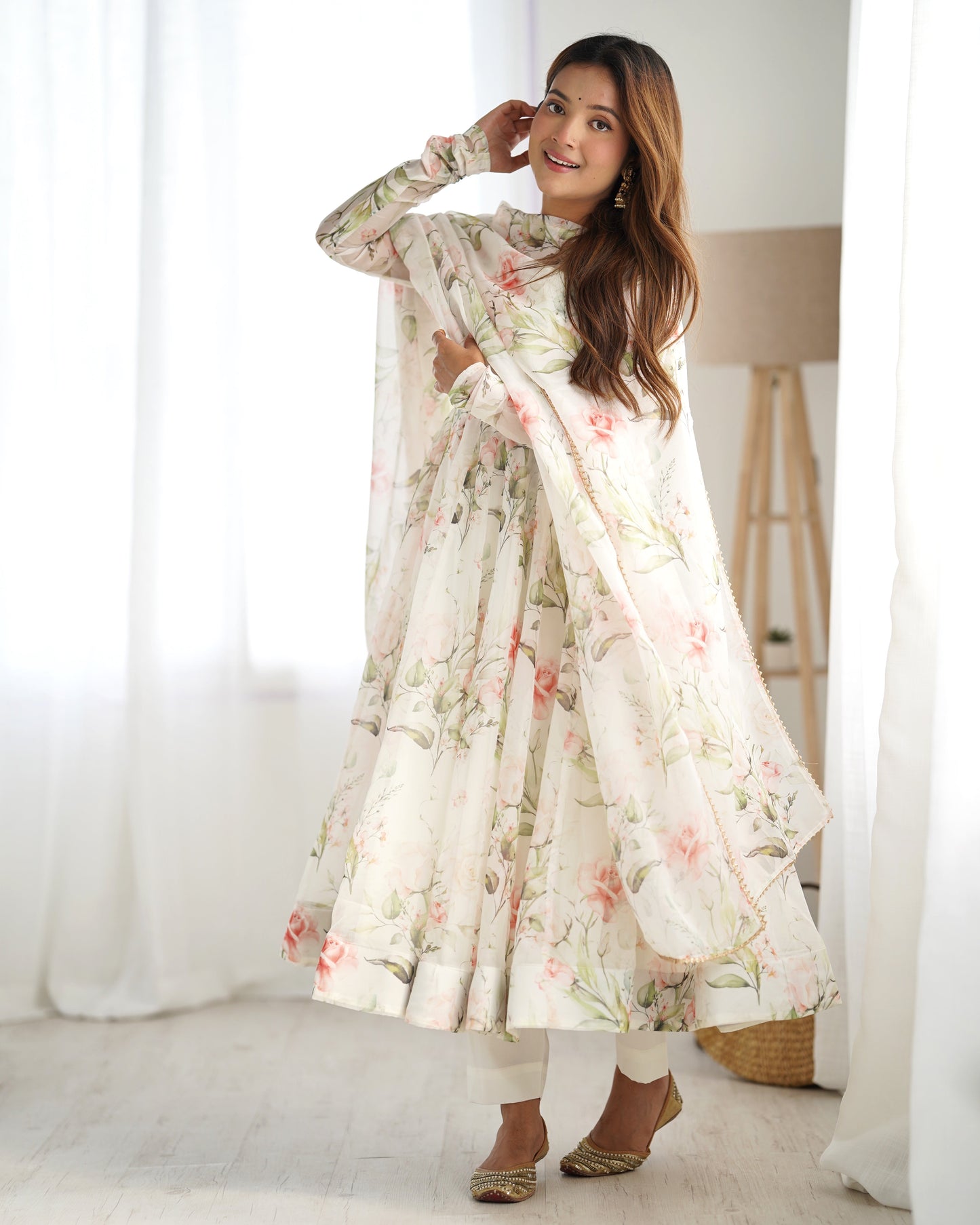 Premium Organza Silk Full-Flare Anarkali with Canvas Trim and Coordinated Dupatta & Pant - Jaipuri Vastra