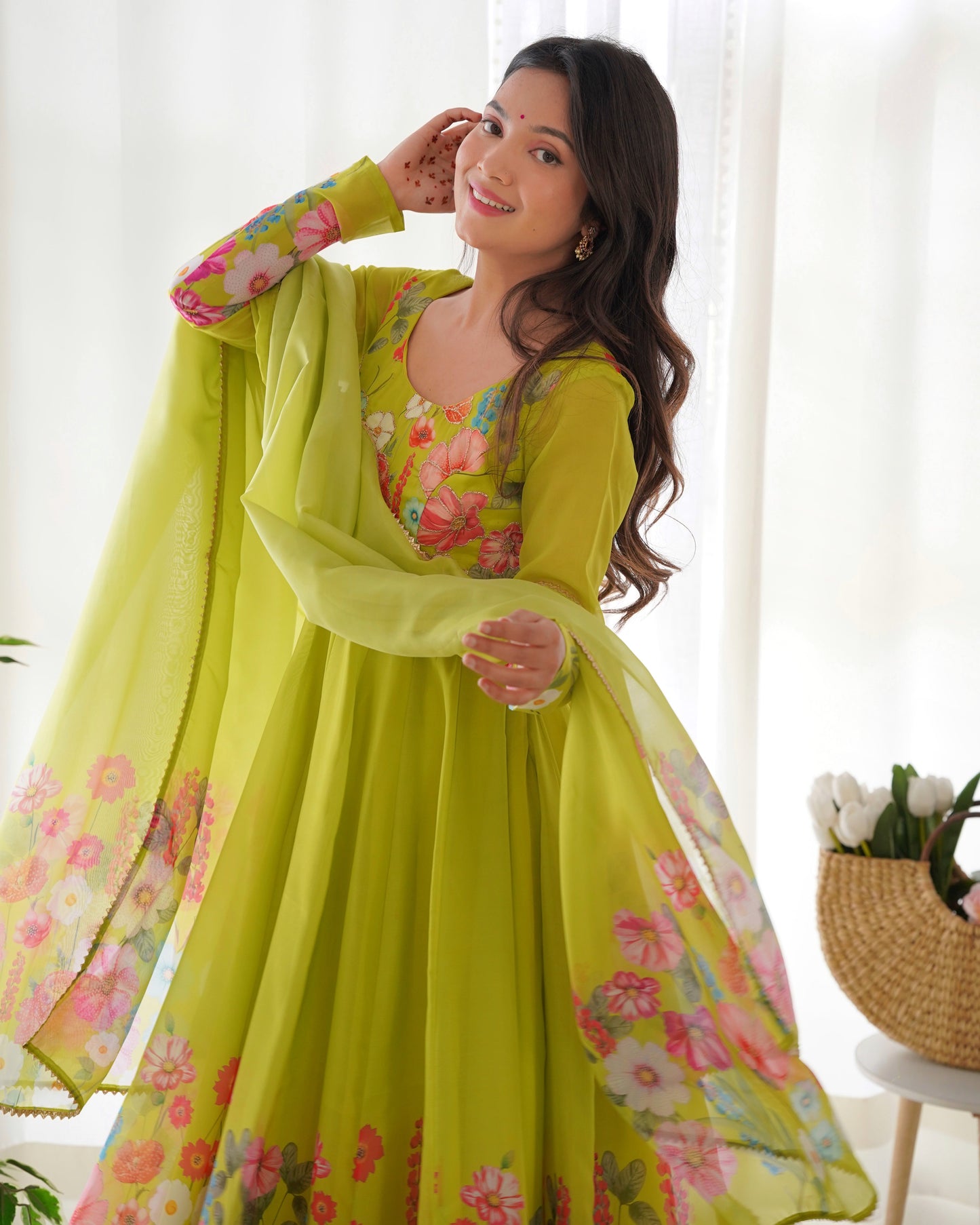 Designer Organza Silk Anarkali with Hand Embroidered Flower Work and Zipper Finish - Jaipuri Vastra