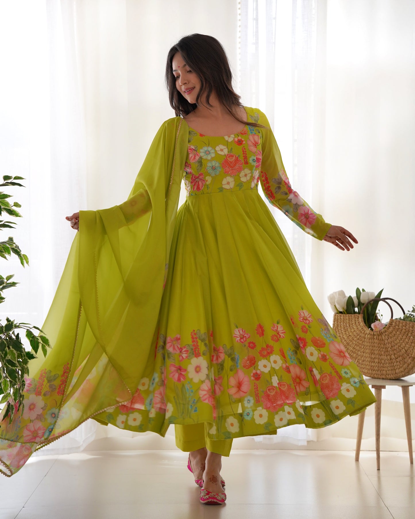 Designer Organza Silk Anarkali with Hand Embroidered Flower Work and Zipper Finish - Jaipuri Vastra