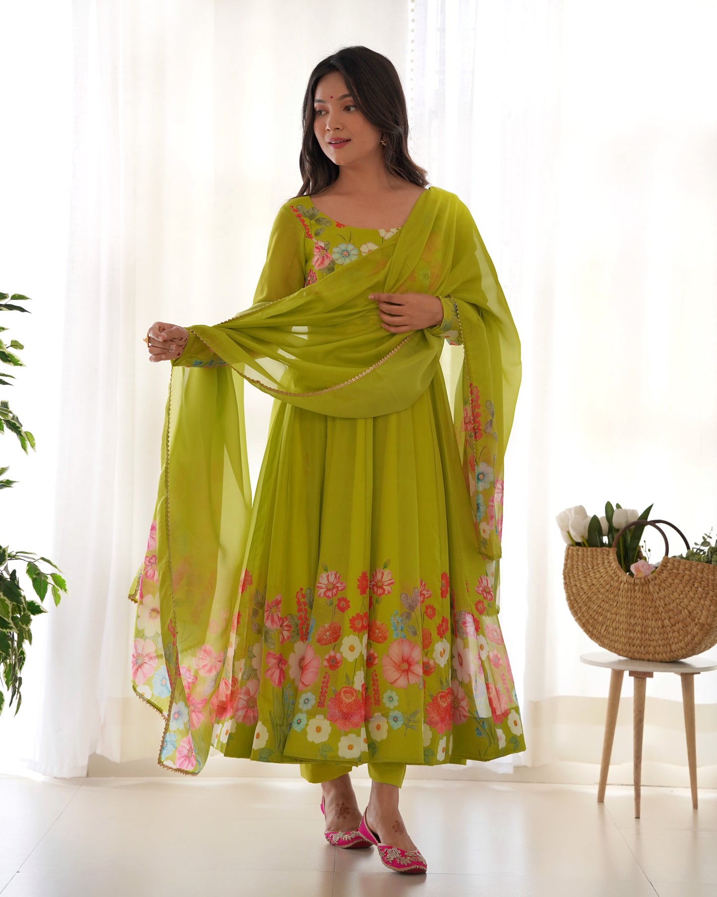 Designer Organza Silk Anarkali with Hand Embroidered Flower Work and Zipper Finish - Jaipuri Vastra