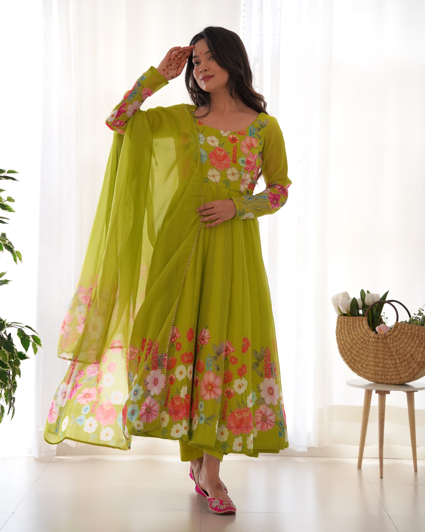 Designer Organza Silk Anarkali with Hand Embroidered Flower Work and Zipper Finish - Jaipuri Vastra