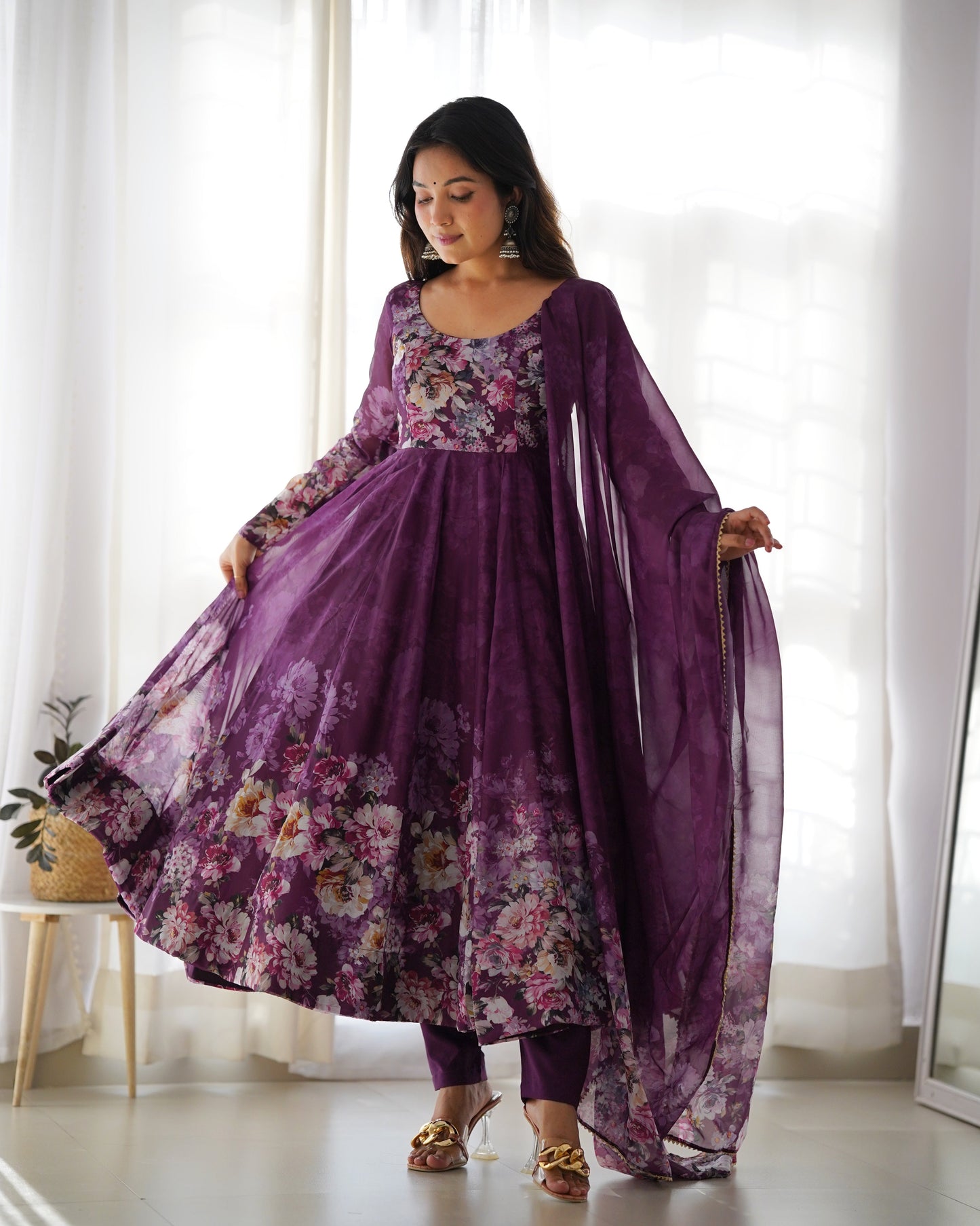 Designer Organza Anarkali with Canvas Border and Complete Flair - Jaipuri Vastra