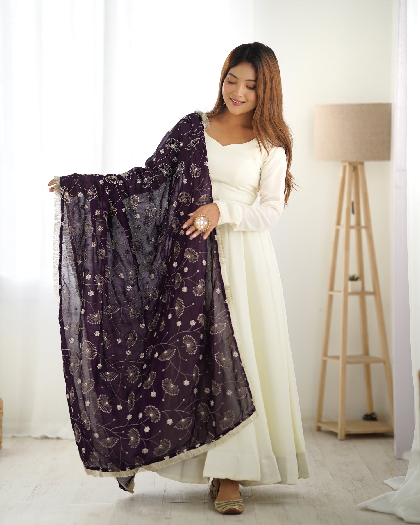 Pure Soft Vichitra Silk Fully Flared Kali Pattern Gown with Dupatta and Pant Set - Jaipuri Vastra