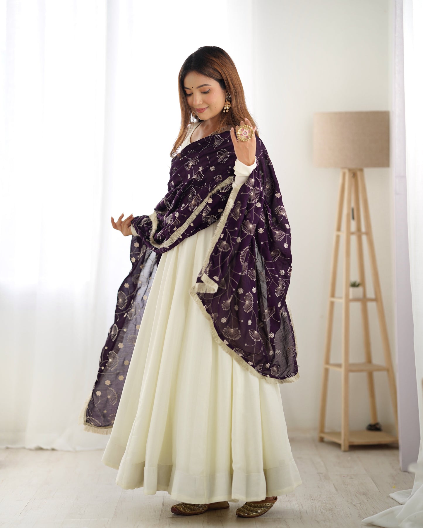 Pure Soft Vichitra Silk Fully Flared Kali Pattern Gown with Dupatta and Pant Set - Jaipuri Vastra