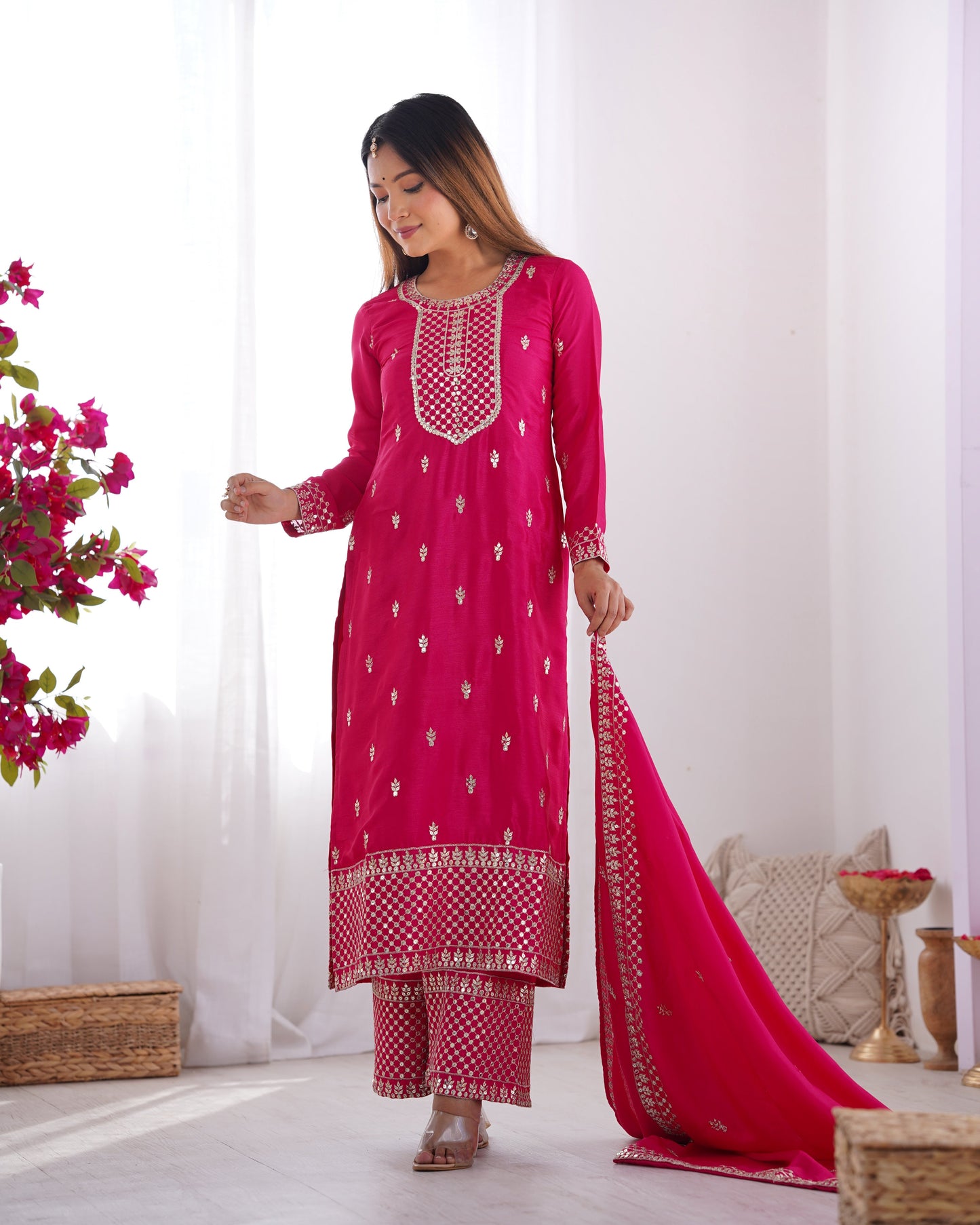 Designer Embroidered Chinon Silk Kurta with Zari and Sequence Work, Paired with Trousers and Dupatta - Jaipuri Vastra
