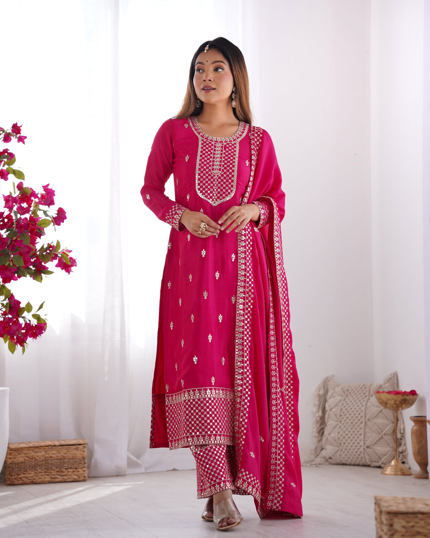 Designer Embroidered Chinon Silk Kurta with Zari and Sequence Work, Paired with Trousers and Dupatta - Jaipuri Vastra