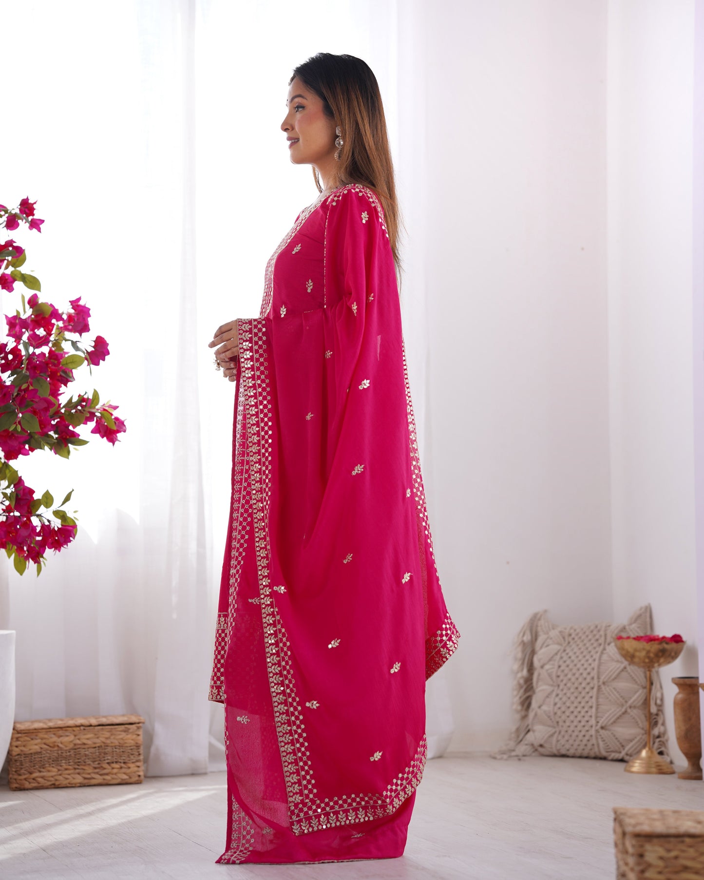 Designer Embroidered Chinon Silk Kurta with Zari and Sequence Work, Paired with Trousers and Dupatta - Jaipuri Vastra