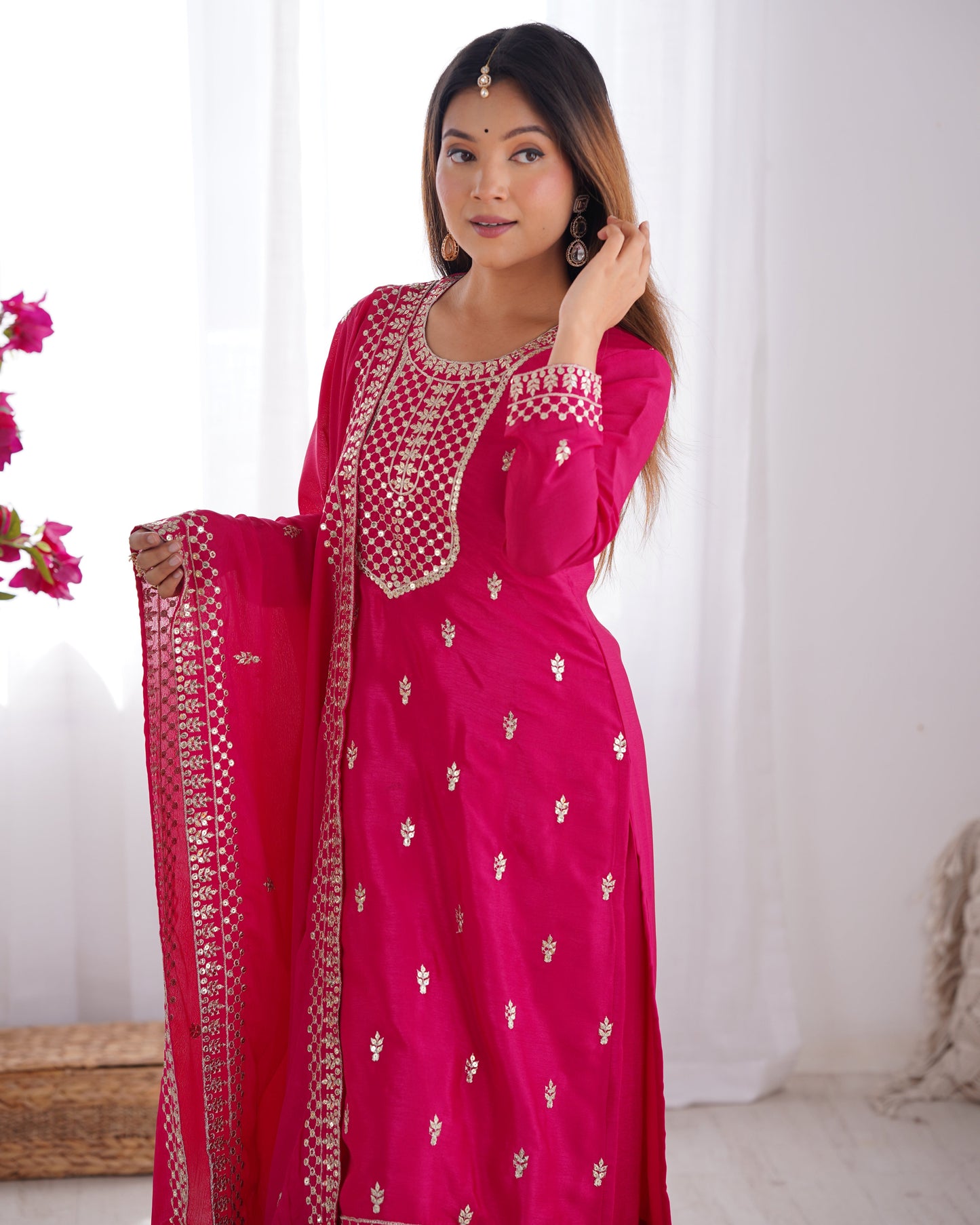 Designer Embroidered Chinon Silk Kurta with Zari and Sequence Work, Paired with Trousers and Dupatta - Jaipuri Vastra