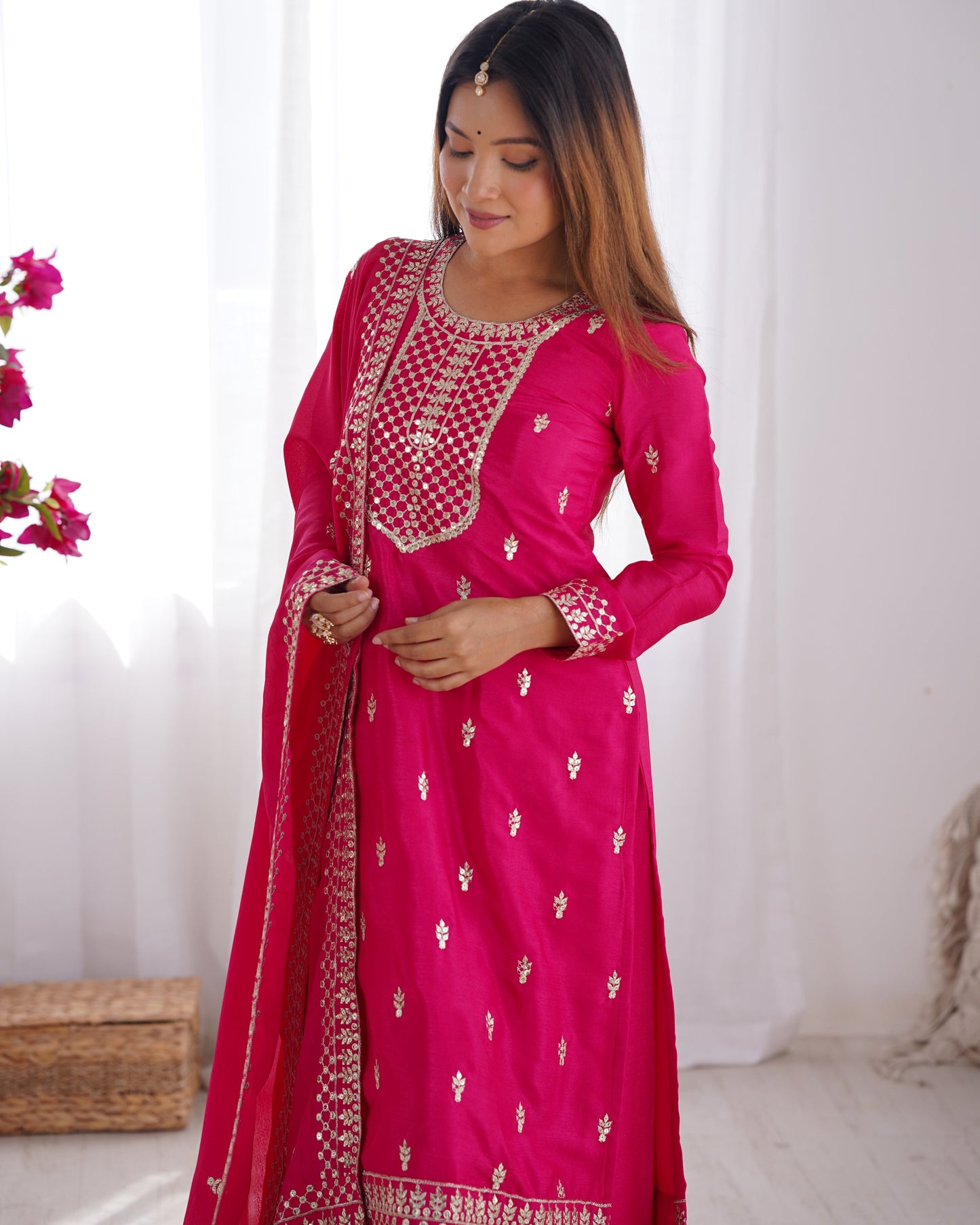 Designer Embroidered Chinon Silk Kurta with Zari and Sequence Work, Paired with Trousers and Dupatta - Jaipuri Vastra