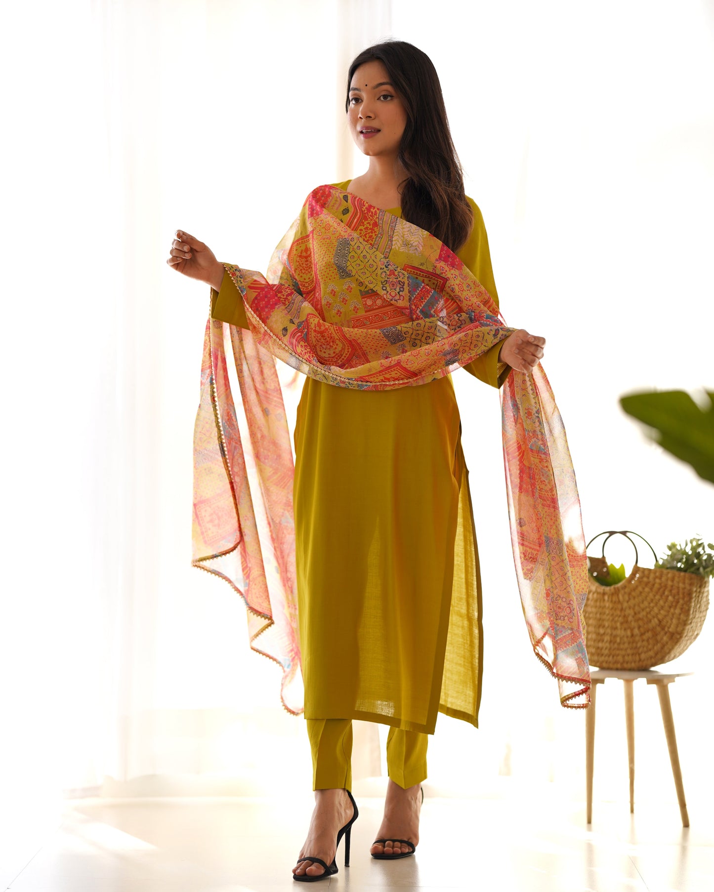 Designer Viscose Kurta Set with Organza Floral Dupatta and Gota Patti Lace - Jaipuri Vastra