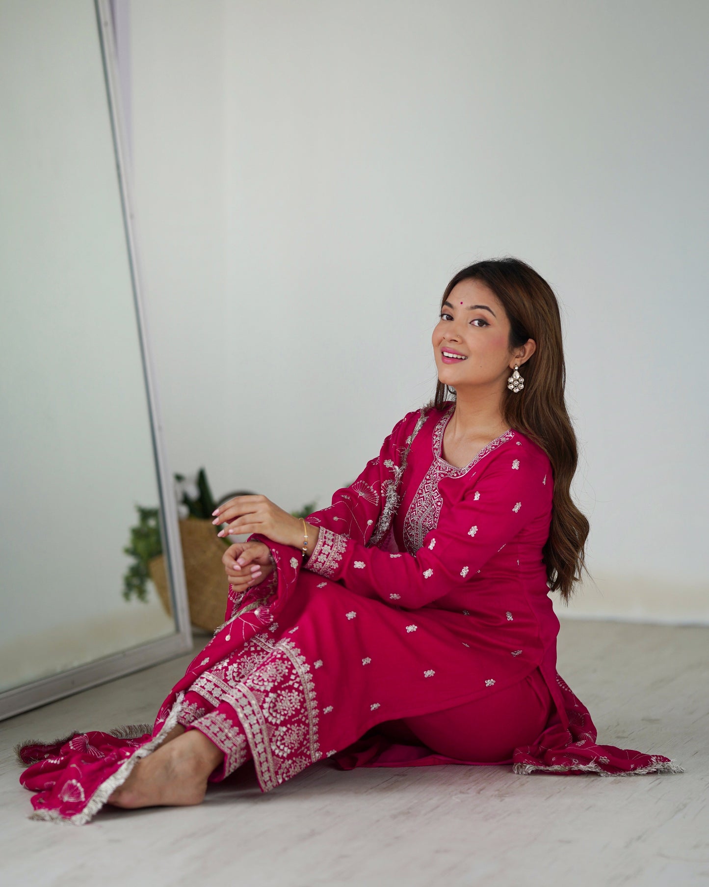 Elegant Blooming Vichitra Silk Straight Kurta Set with Embroidery & Jari Work - Jaipuri Vastra