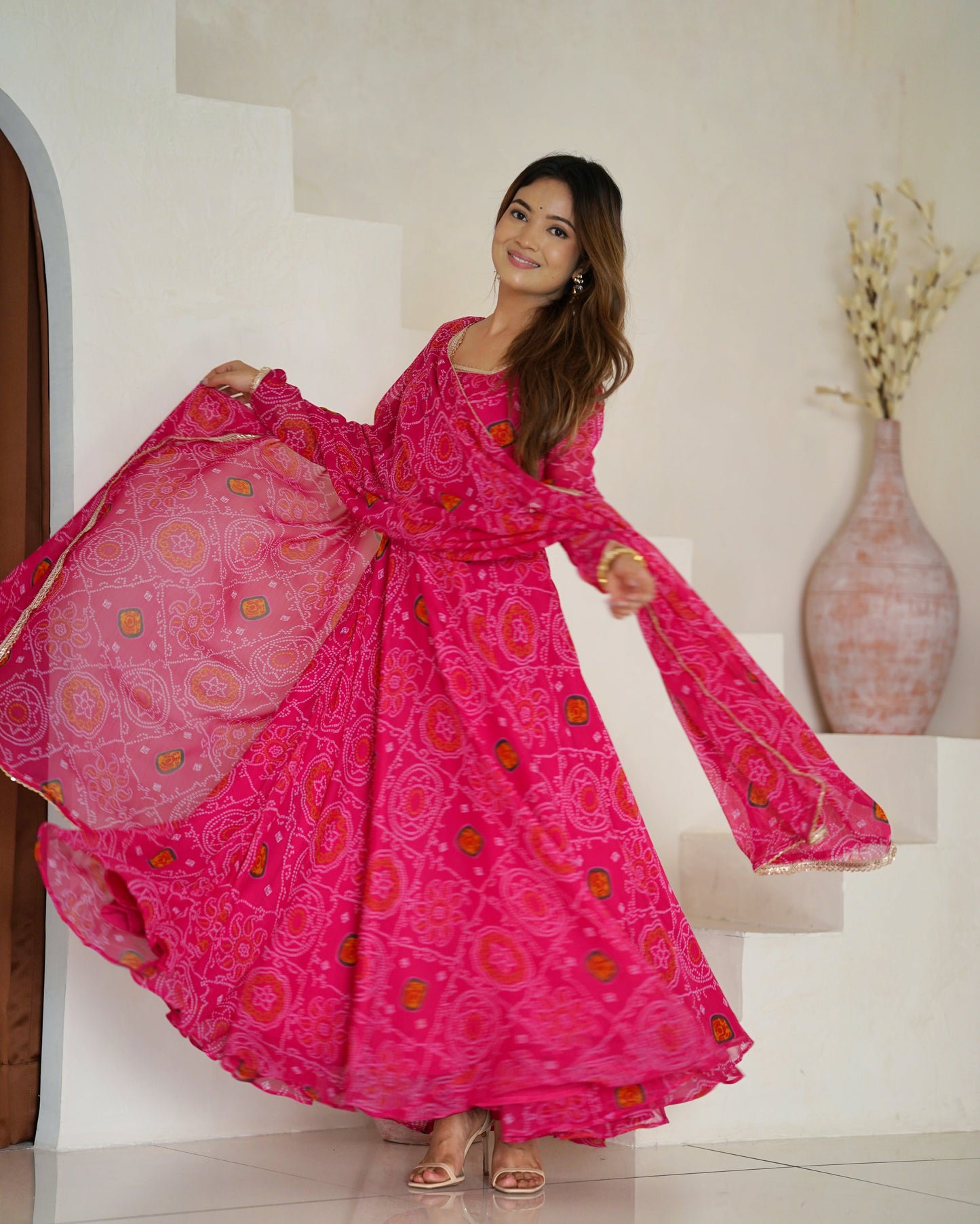 New Designer Pure Soft Lightweight Chiffon Bandhej Gown with Dupatta and Pant Set - Jaipuri Vastra