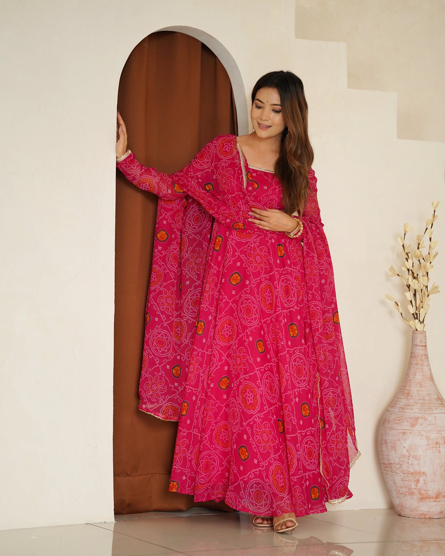 New Designer Pure Soft Lightweight Chiffon Bandhej Gown with Dupatta and Pant Set - Jaipuri Vastra