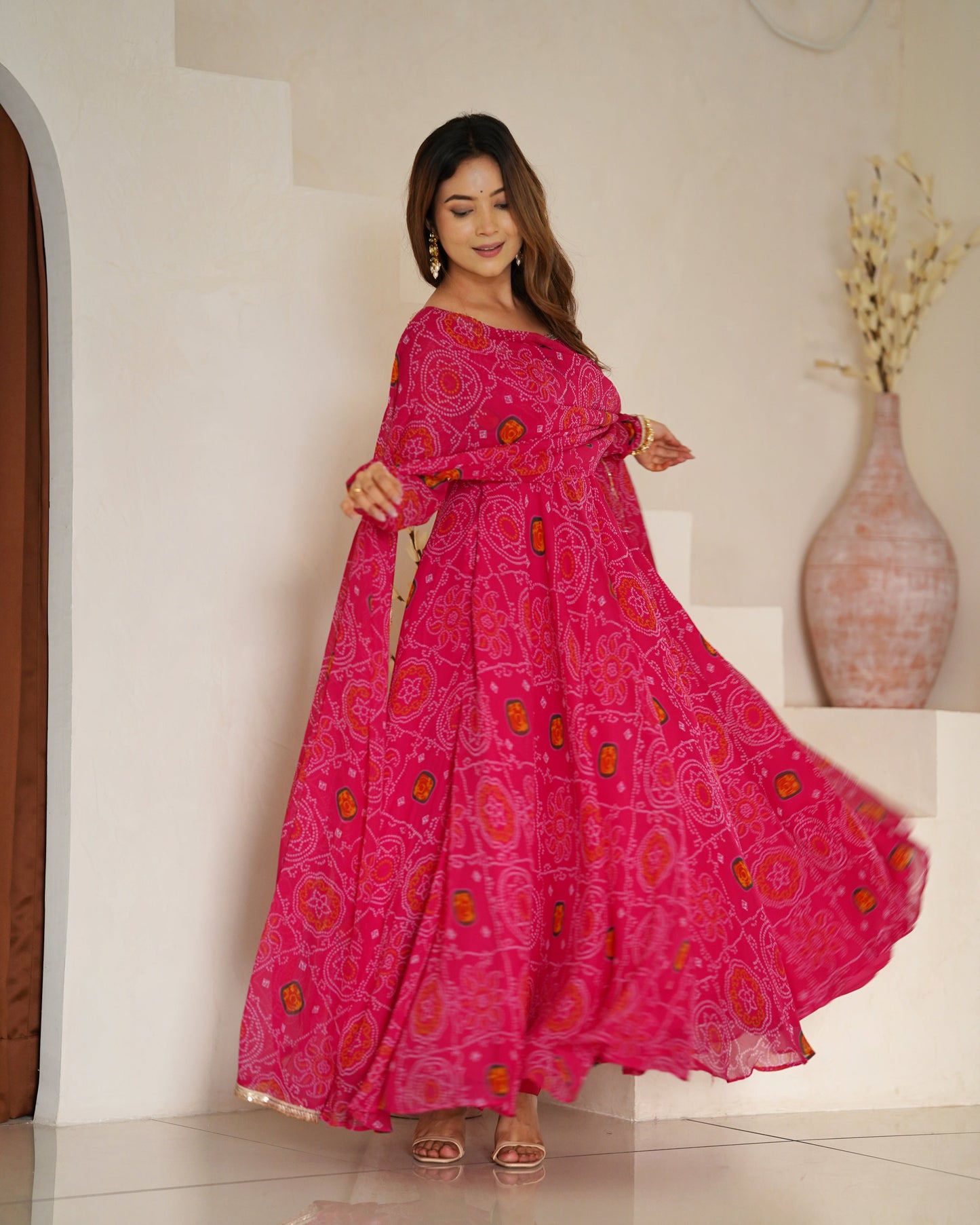 New Designer Pure Soft Lightweight Chiffon Bandhej Gown with Dupatta and Pant Set - Jaipuri Vastra