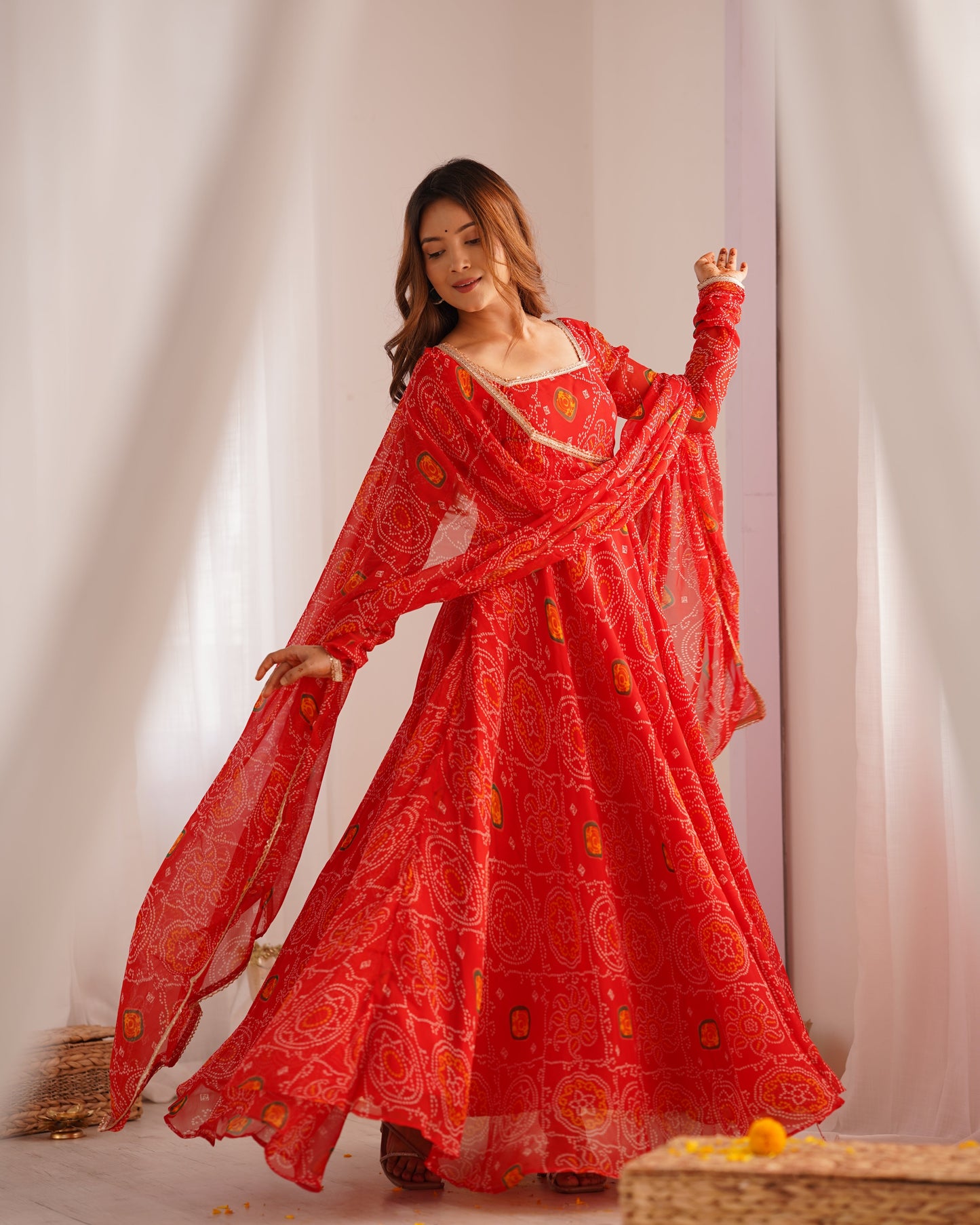 New Designer Pure Soft Lightweight Chiffon Bandhej Gown with Dupatta and Pant Set - Jaipuri Vastra