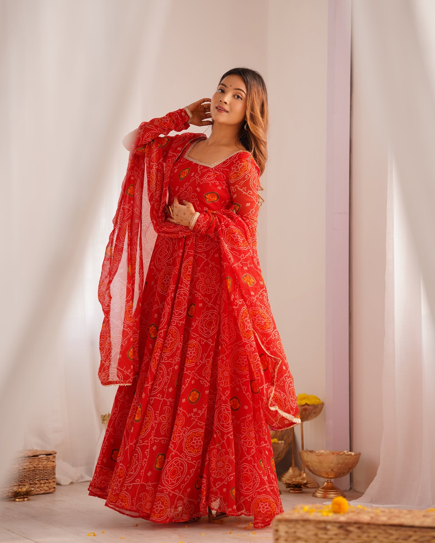 New Designer Pure Soft Lightweight Chiffon Bandhej Gown with Dupatta and Pant Set - Jaipuri Vastra
