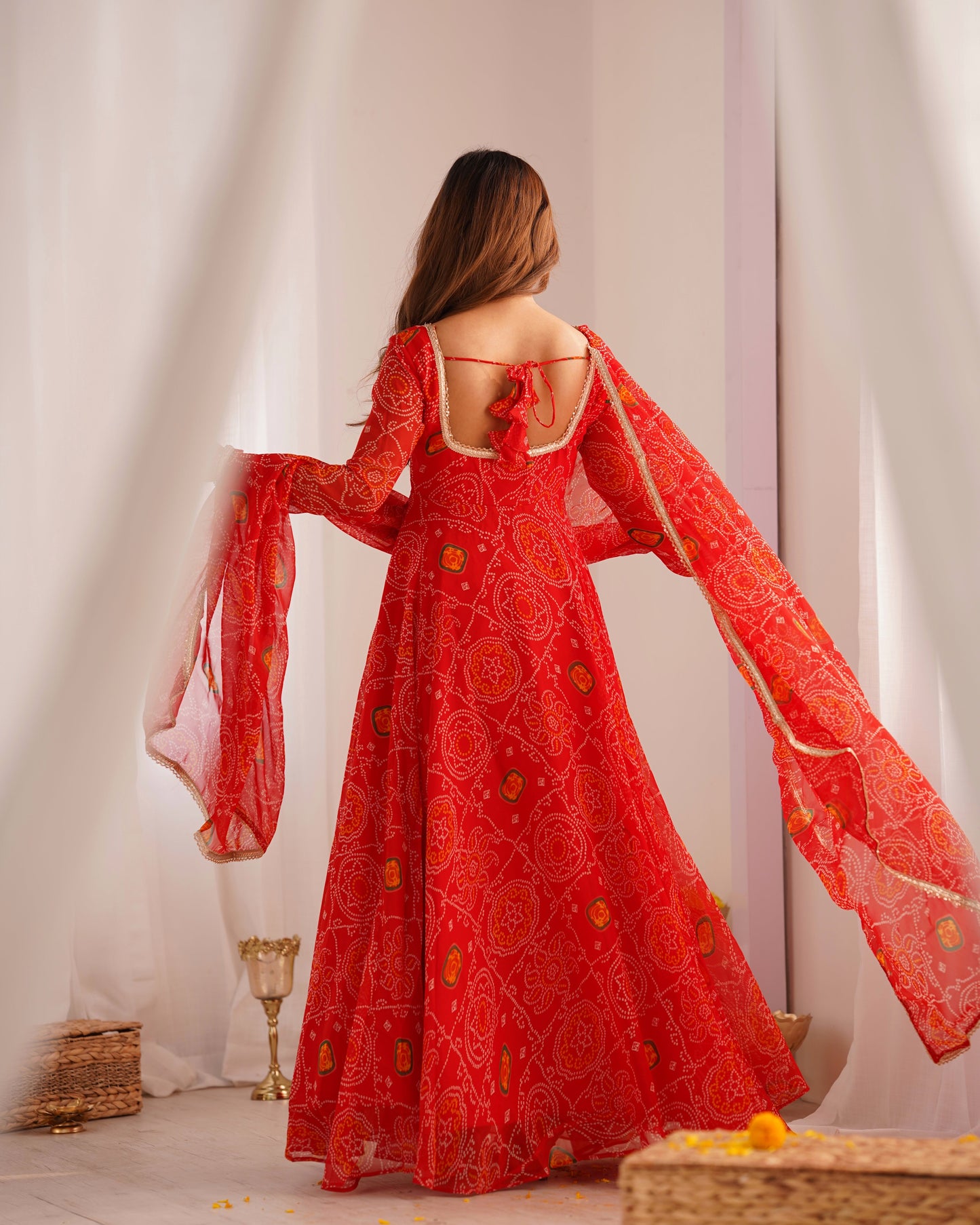 New Designer Pure Soft Lightweight Chiffon Bandhej Gown with Dupatta and Pant Set - Jaipuri Vastra