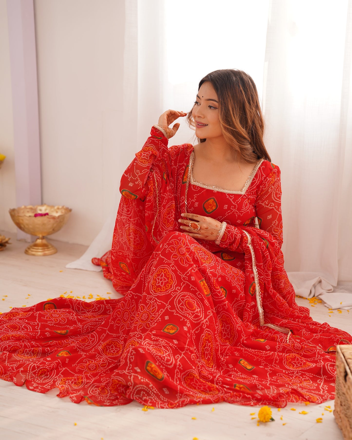 New Designer Pure Soft Lightweight Chiffon Bandhej Gown with Dupatta and Pant Set - Jaipuri Vastra