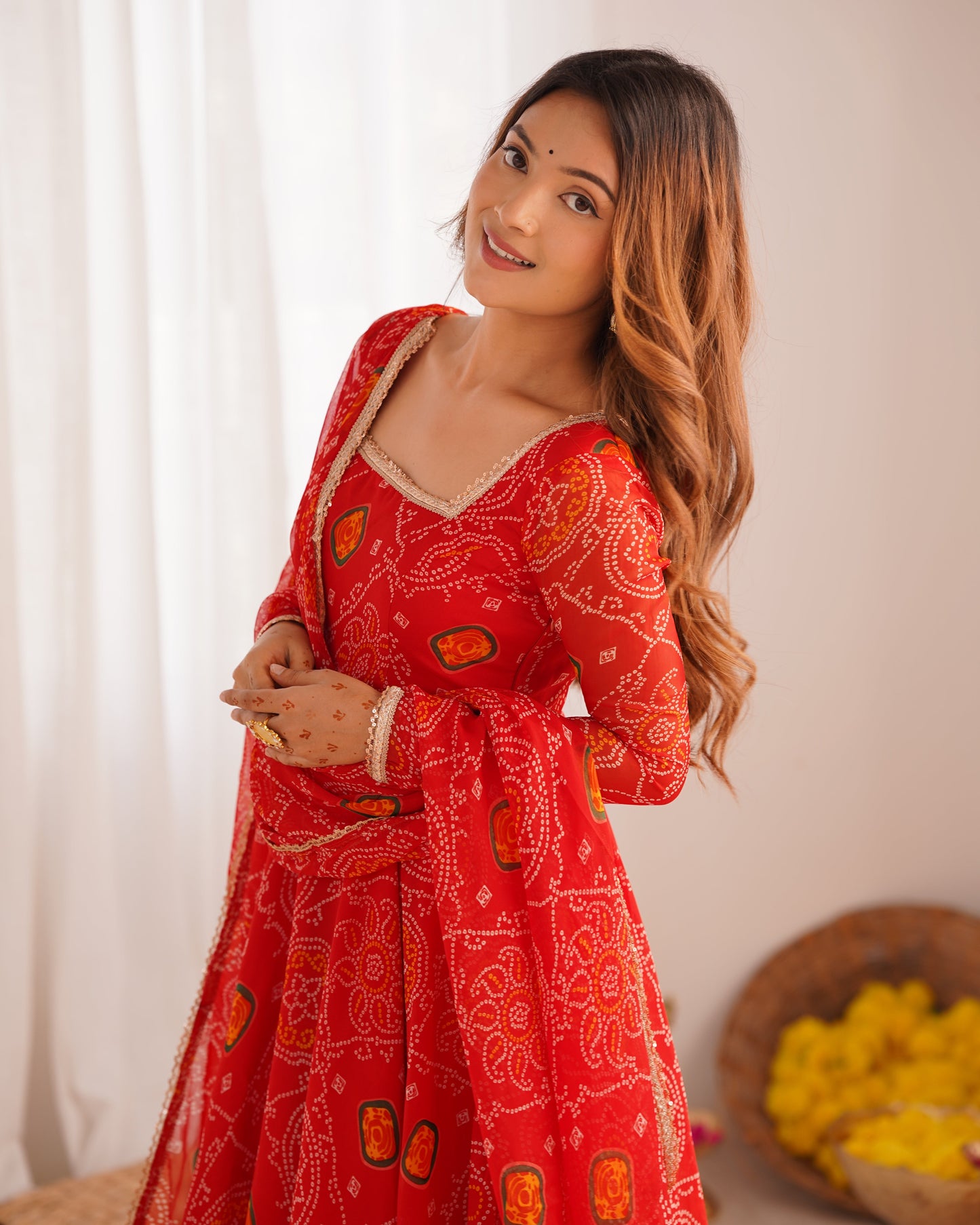 New Designer Pure Soft Lightweight Chiffon Bandhej Gown with Dupatta and Pant Set - Jaipuri Vastra