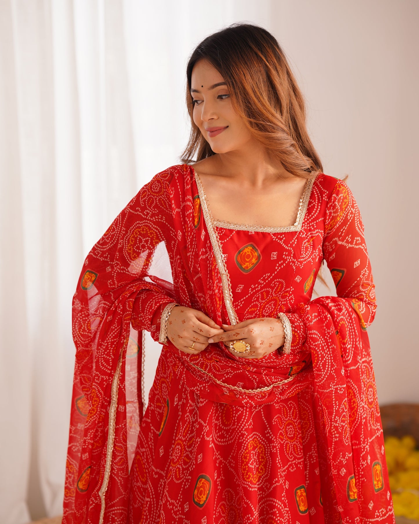 New Designer Pure Soft Lightweight Chiffon Bandhej Gown with Dupatta and Pant Set - Jaipuri Vastra