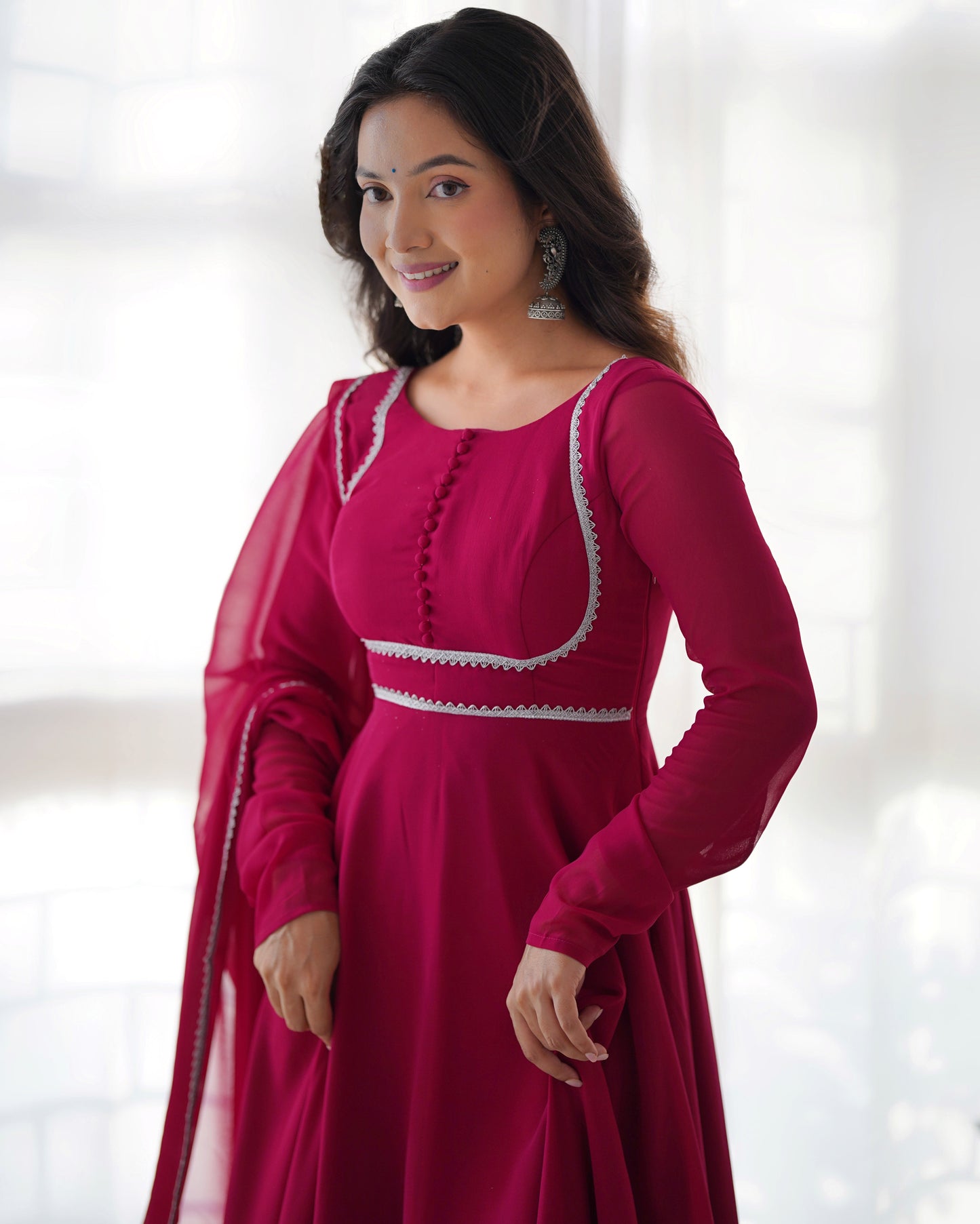 Pure Soft Fox Georgette 7 Meter Flared Anarkali with Dupatta and Pant Set - Jaipuri Vastra