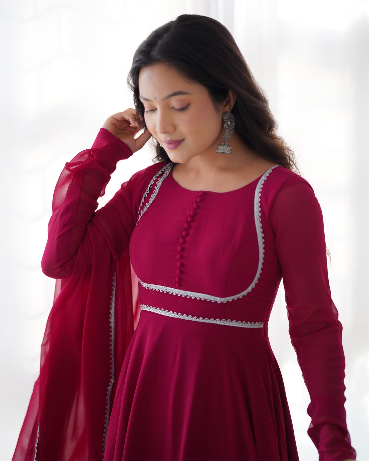 Pure Soft Fox Georgette 7 Meter Flared Anarkali with Dupatta and Pant Set - Jaipuri Vastra