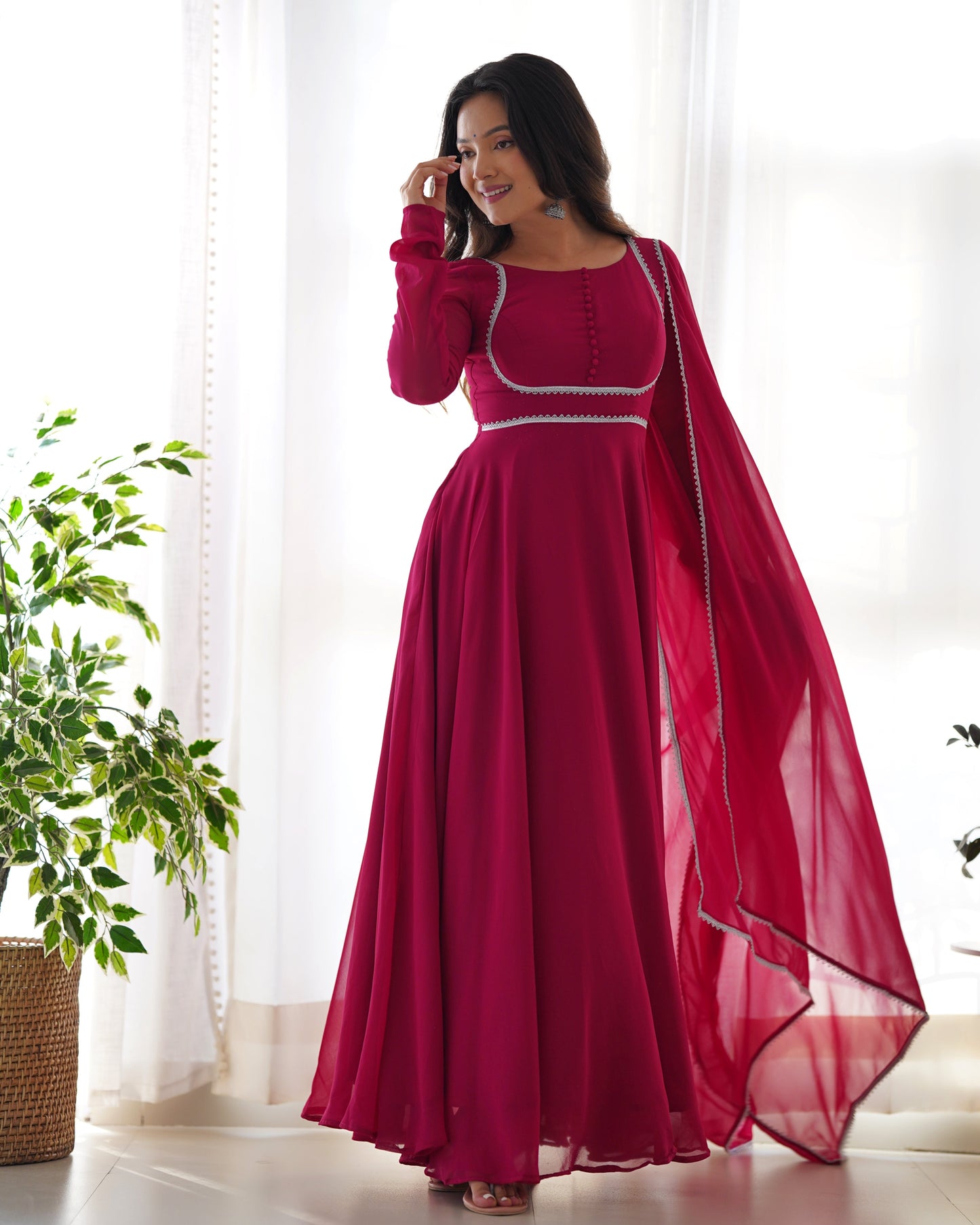 Pure Soft Fox Georgette 7 Meter Flared Anarkali with Dupatta and Pant Set - Jaipuri Vastra