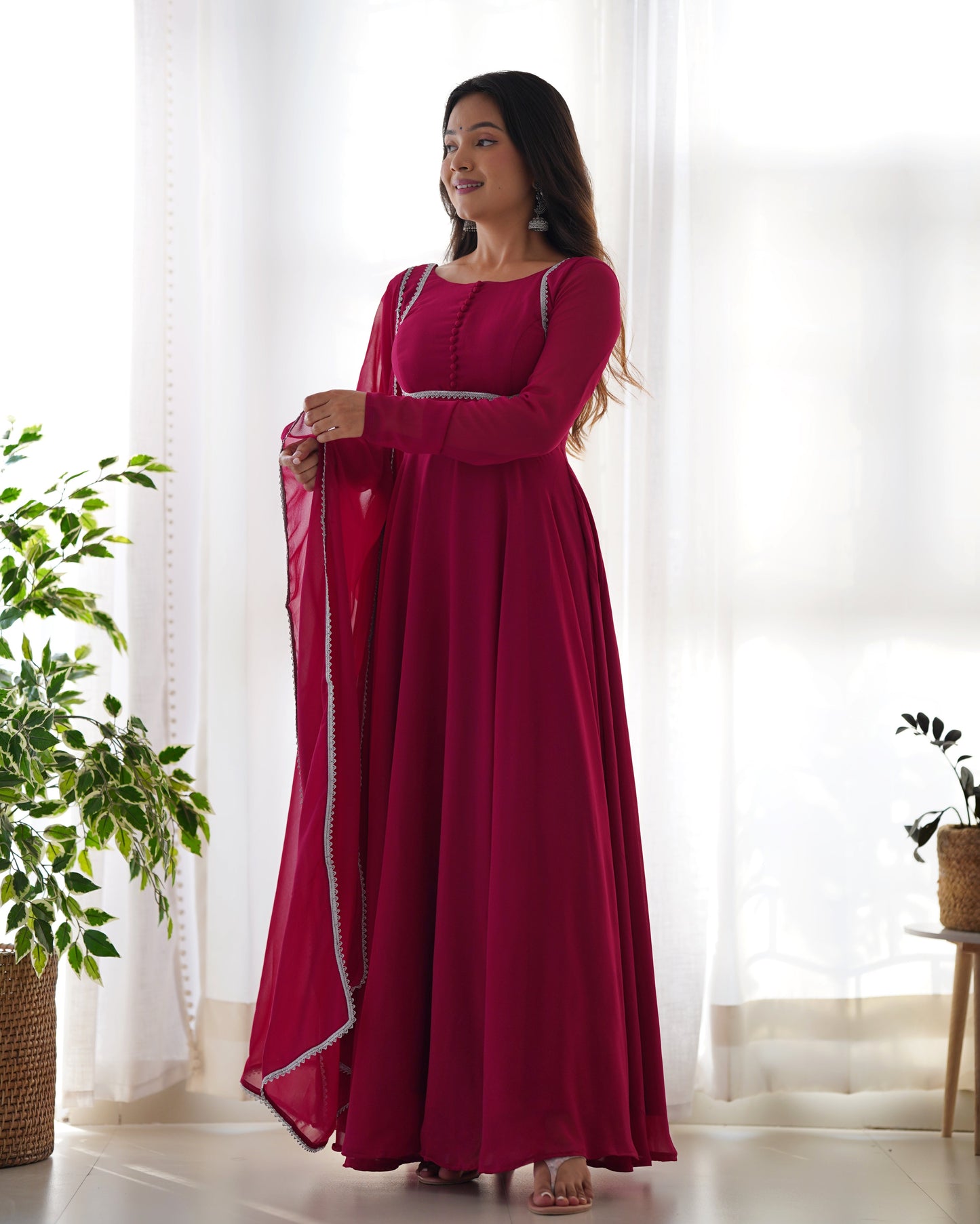 Pure Soft Fox Georgette 7 Meter Flared Anarkali with Dupatta and Pant Set - Jaipuri Vastra