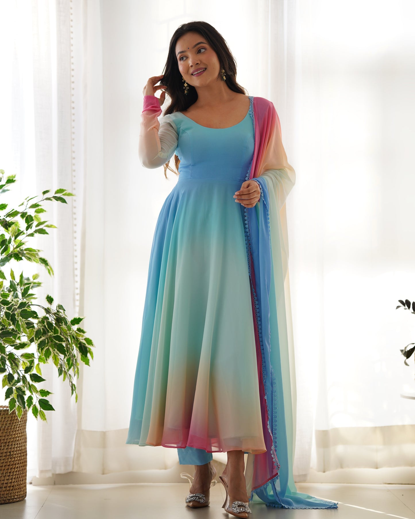 Lightweight Soft Fox Georgette Anarkali Dupatta and Pant Set for Summer Weddings - Jaipuri Vastra