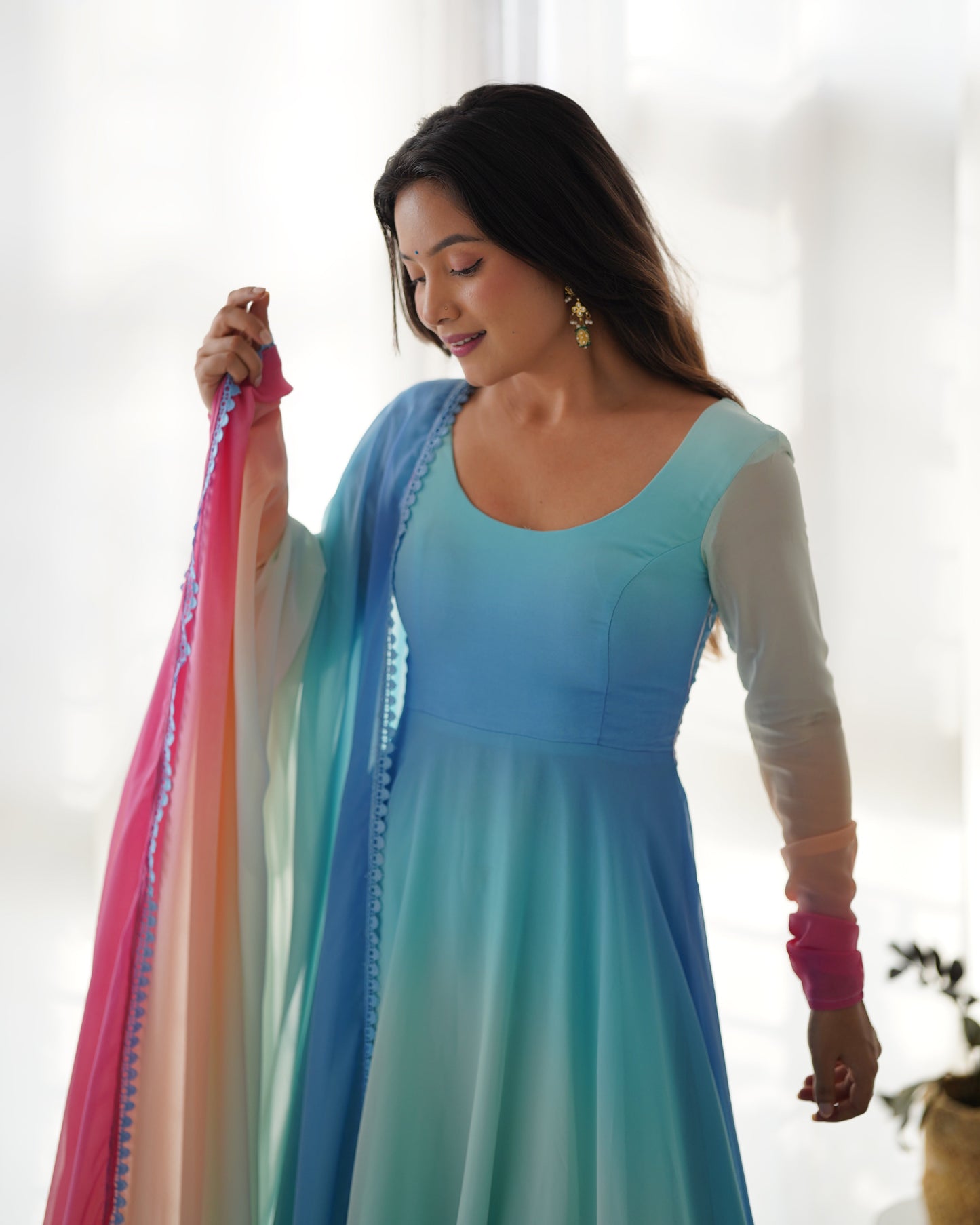 Lightweight Soft Fox Georgette Anarkali Dupatta and Pant Set for Summer Weddings - Jaipuri Vastra