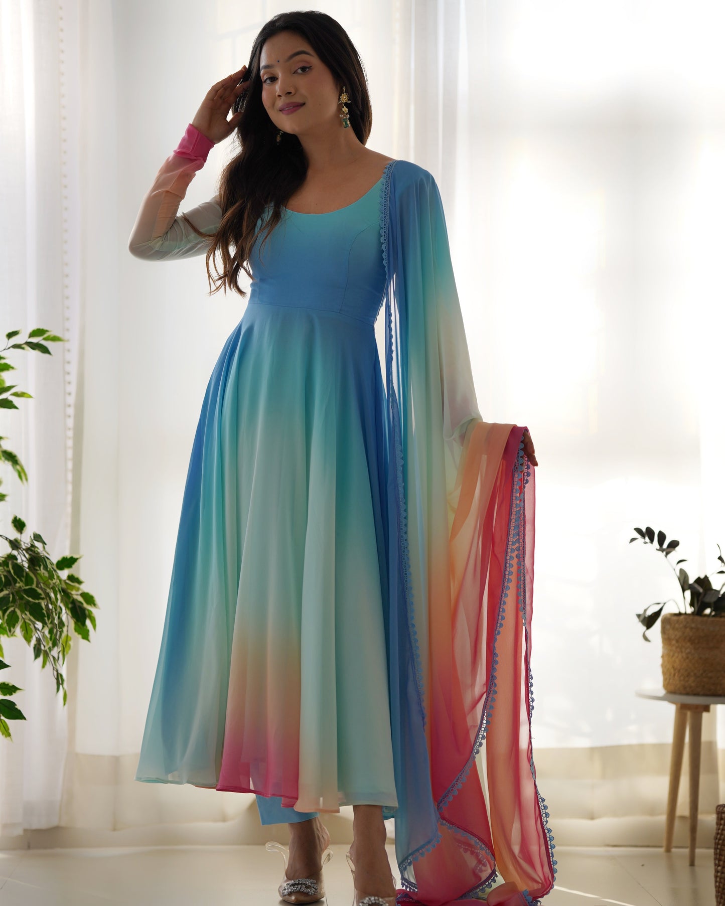 Lightweight Soft Fox Georgette Anarkali Dupatta and Pant Set for Summer Weddings - Jaipuri Vastra