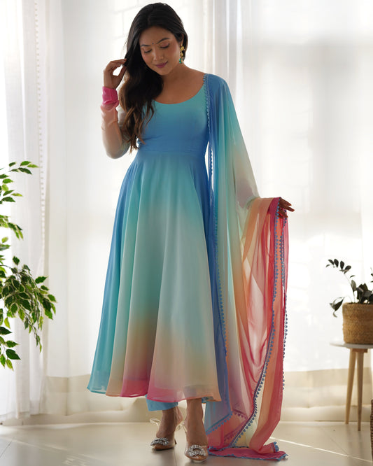 Lightweight Soft Fox Georgette Anarkali Dupatta and Pant Set for Summer Weddings - Jaipuri Vastra