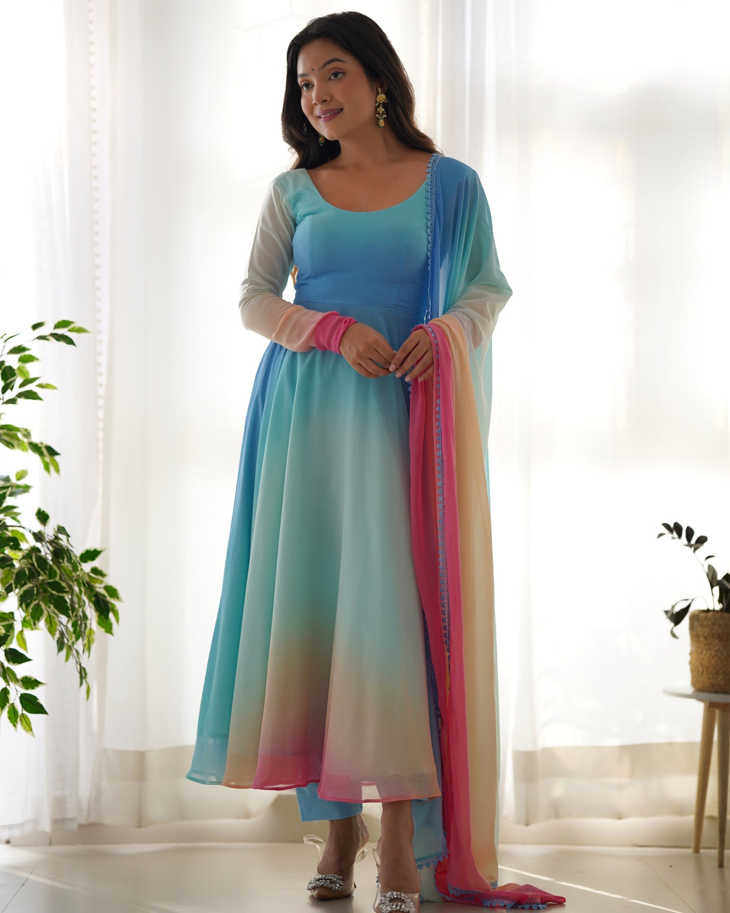 Lightweight Soft Fox Georgette Anarkali Dupatta and Pant Set for Summer Weddings - Jaipuri Vastra