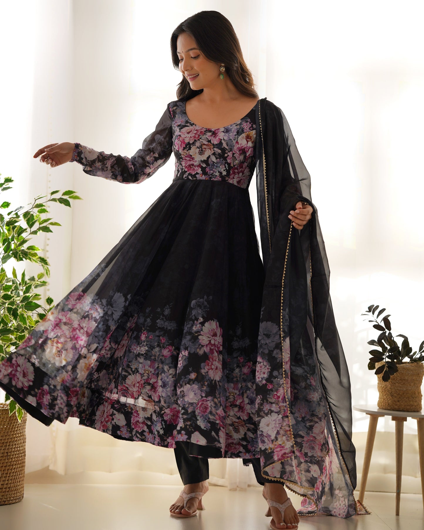 Designer Organza Anarkali with Canvas Border and Complete Flair - Jaipuri Vastra