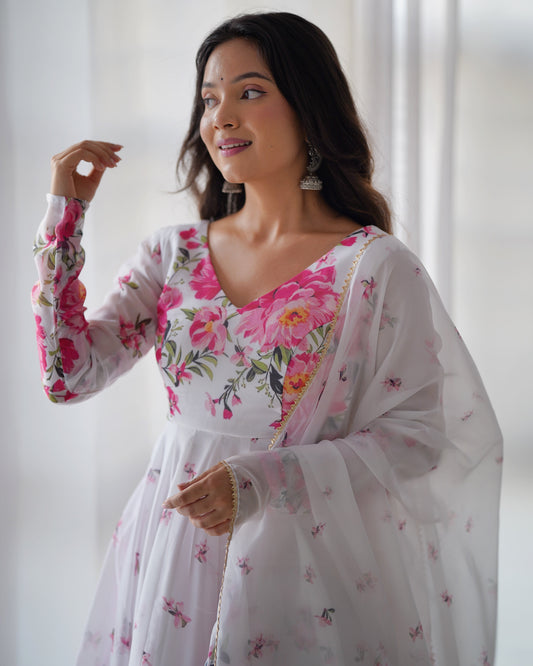 Colourful Lightweight Organza Silk Flared Gown with Dupatta and Pants for Festive Wear - Jaipuri Vastra